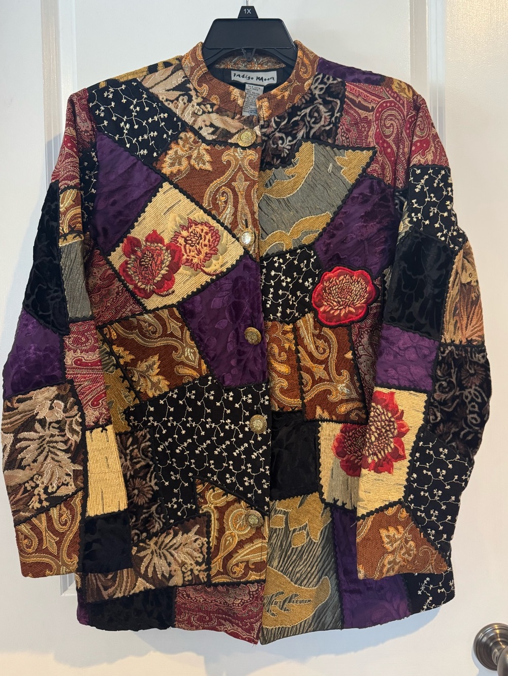 Indigo Moon Patchwork Embroidered Tapestry Carpet Bag Multicolor Jacket Small